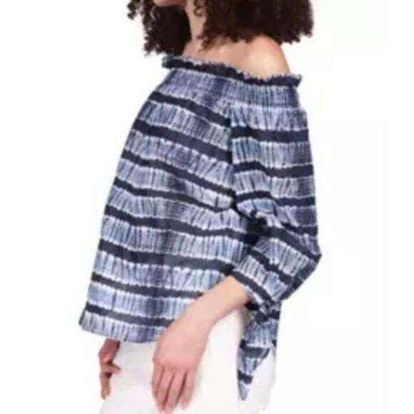 NWT Michael Kors Smocked Off Shoulder Chambray Stripes Chic & Polished Top S - Picture 12 of 13